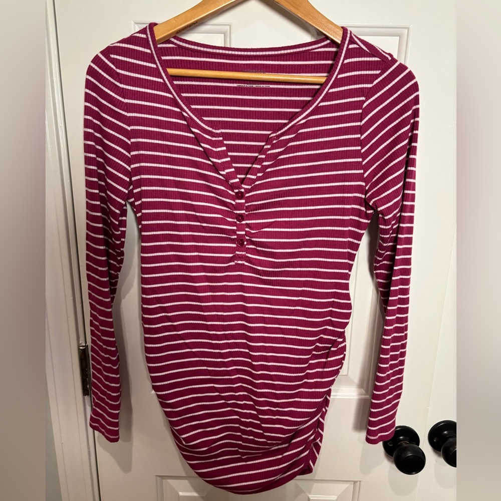 Motherhood Maternity Long-Sleeve Henley Maroon and White Striped, Medium